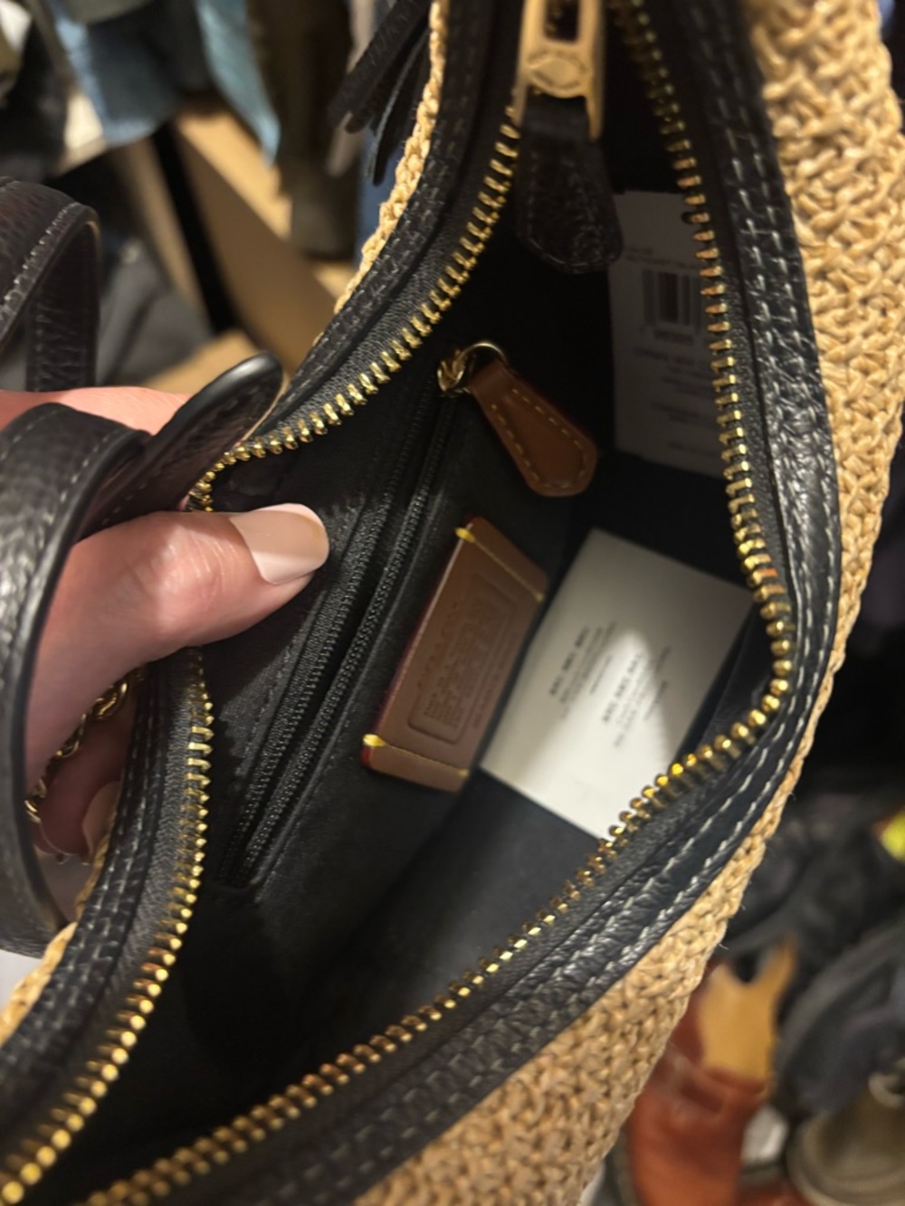 Coach Straw and Black Leather Crossbody Bag with Gold Chain - Picture 8 of 9